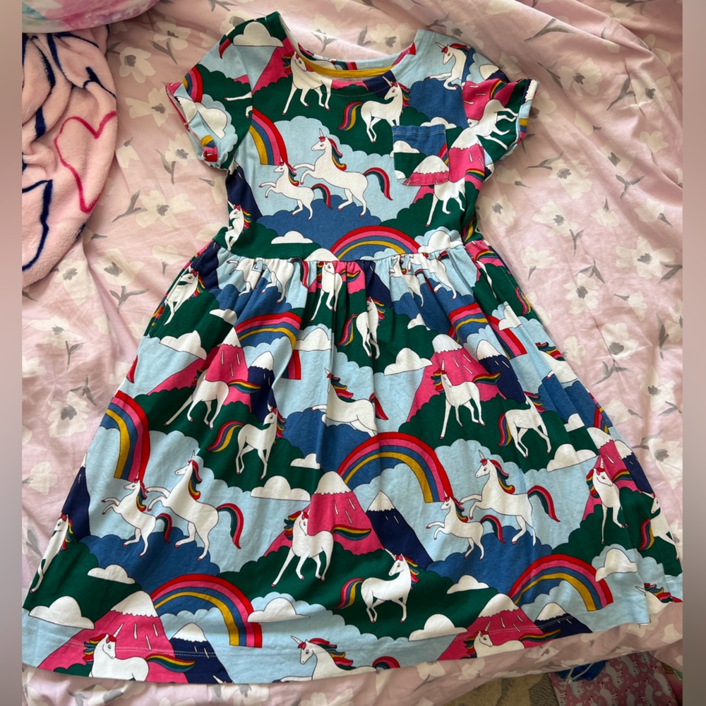 Mini Boden girls multi unicorn mountain dress size 11-12yr EUC